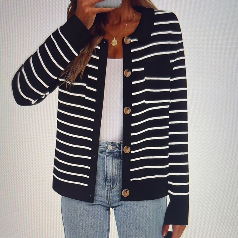 Merokeety Knit Stripe Black & White Cardigan Size Medium